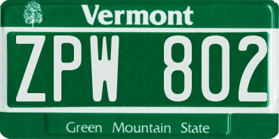 VT license plate ZPW802