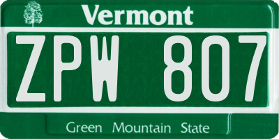 VT license plate ZPW807