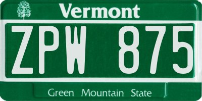 VT license plate ZPW875