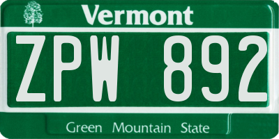 VT license plate ZPW892