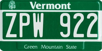 VT license plate ZPW922