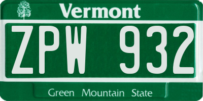 VT license plate ZPW932