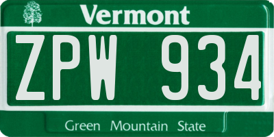 VT license plate ZPW934