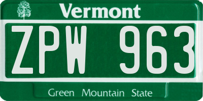 VT license plate ZPW963