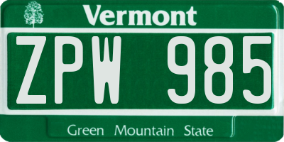 VT license plate ZPW985