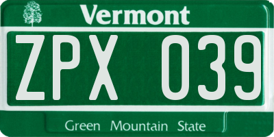 VT license plate ZPX039