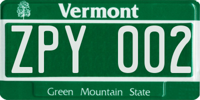 VT license plate ZPY002