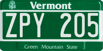 VT license plate ZPY205