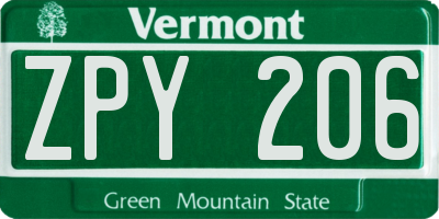 VT license plate ZPY206