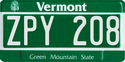 VT license plate ZPY208
