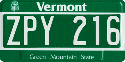 VT license plate ZPY216