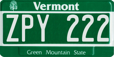 VT license plate ZPY222
