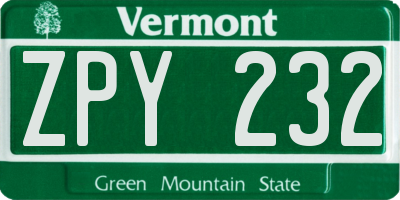 VT license plate ZPY232