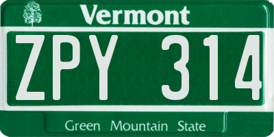 VT license plate ZPY314