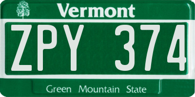 VT license plate ZPY374