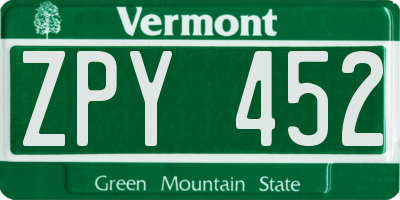 VT license plate ZPY452