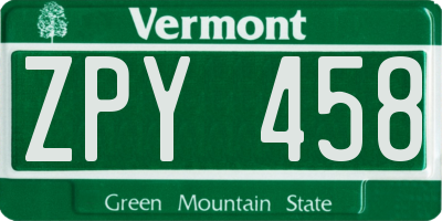 VT license plate ZPY458