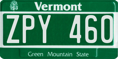 VT license plate ZPY460