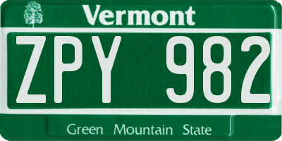 VT license plate ZPY982