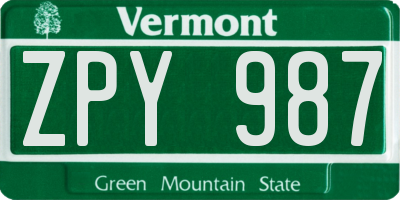 VT license plate ZPY987