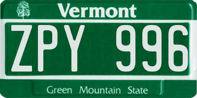 VT license plate ZPY996