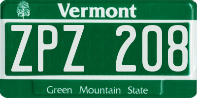 VT license plate ZPZ208