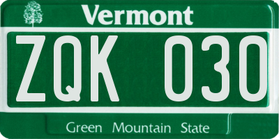 VT license plate ZQK030