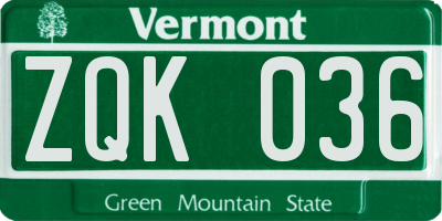 VT license plate ZQK036