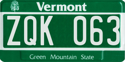 VT license plate ZQK063