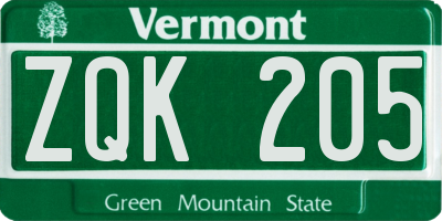 VT license plate ZQK205