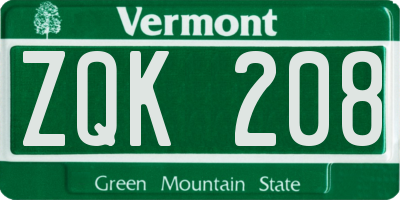 VT license plate ZQK208