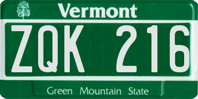 VT license plate ZQK216