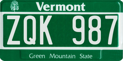 VT license plate ZQK987