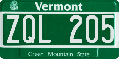 VT license plate ZQL205