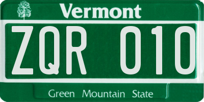 VT license plate ZQR010