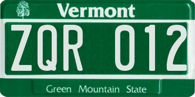 VT license plate ZQR012