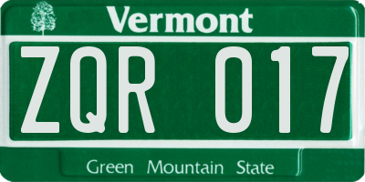 VT license plate ZQR017
