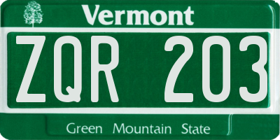 VT license plate ZQR203