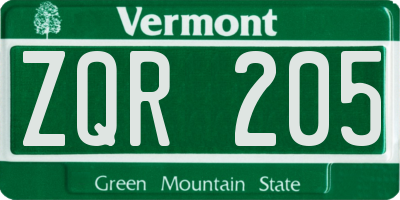 VT license plate ZQR205