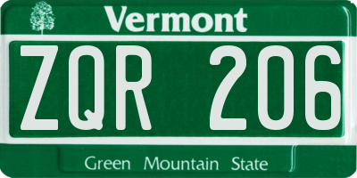 VT license plate ZQR206