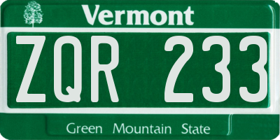 VT license plate ZQR233