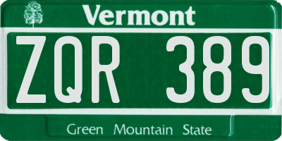 VT license plate ZQR389