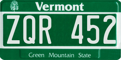 VT license plate ZQR452