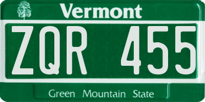 VT license plate ZQR455