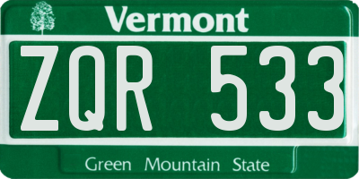 VT license plate ZQR533