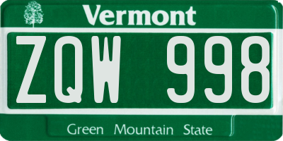 VT license plate ZQW998