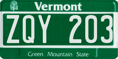 VT license plate ZQY203