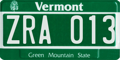 VT license plate ZRA013