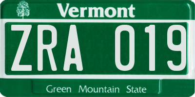 VT license plate ZRA019