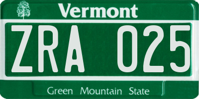 VT license plate ZRA025